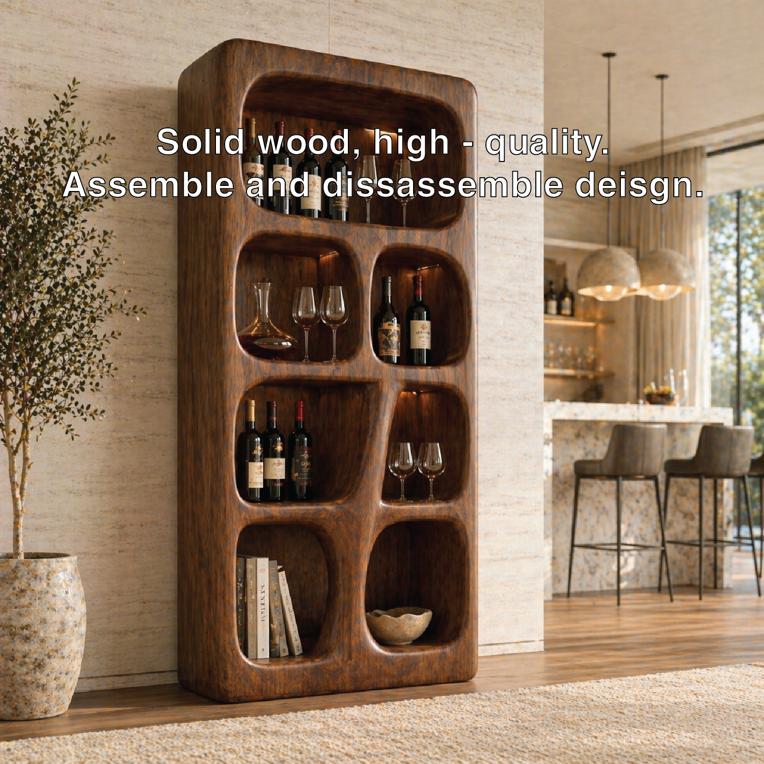 Sculptural Tall Wine Cabinet Freestanding Bar Display Shelves Modern Storage Unit
