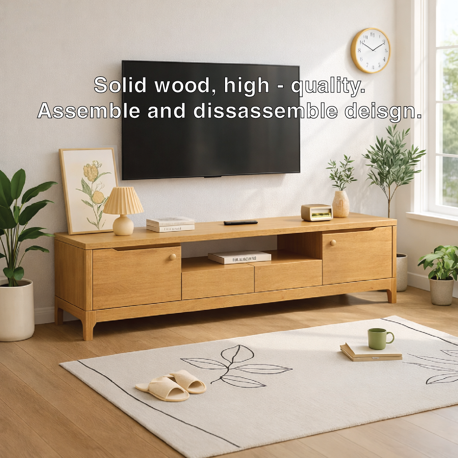 Modern Wood TV Stand Long Media Console With Storage Drawers Low Profile Entertainment Center Kitchnce