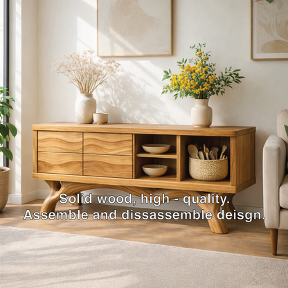 Modern Solid Wood Sideboard Cabinet, Oak Buffet Storage Console with Shelves and Drawers Kitchnce