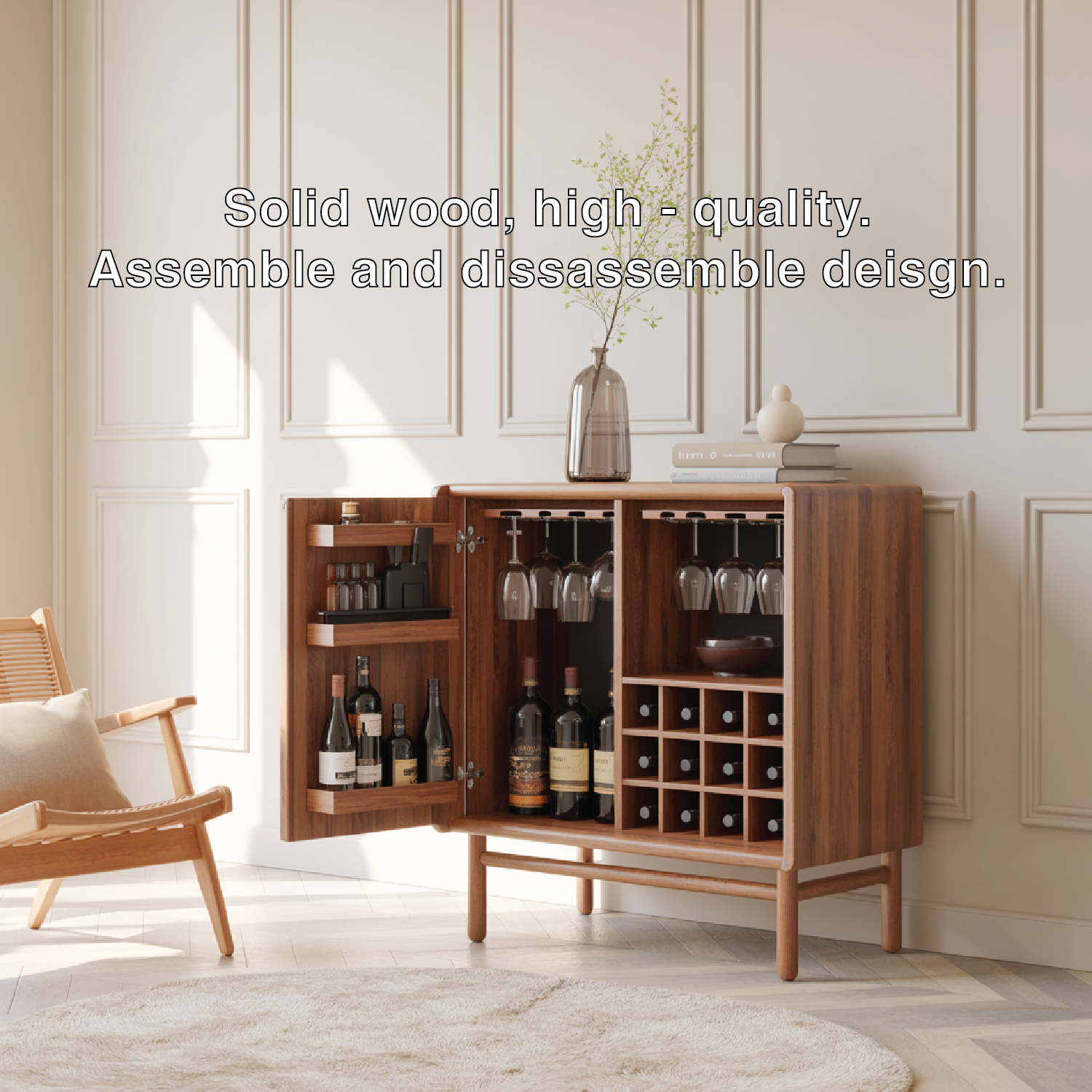 Handcrafted Solid Wood Wine Cabinet Mid Century Bar with Glass Rack and Bottle Storage