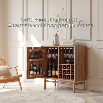 Handcrafted Solid Wood Wine Cabinet Mid Century Bar with Glass Rack and Bottle Storage
