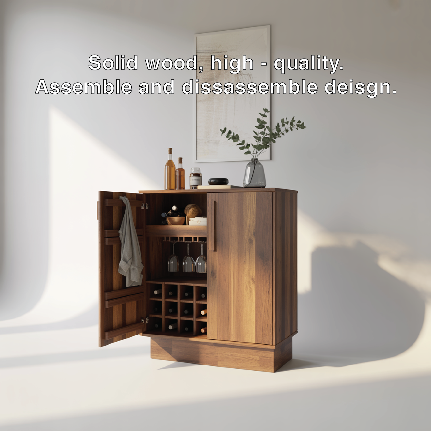 Handcrafted Solid Wood Wine Cabinet Mid Century Bar with Glass Rack and Bottle Storage-Sideboard