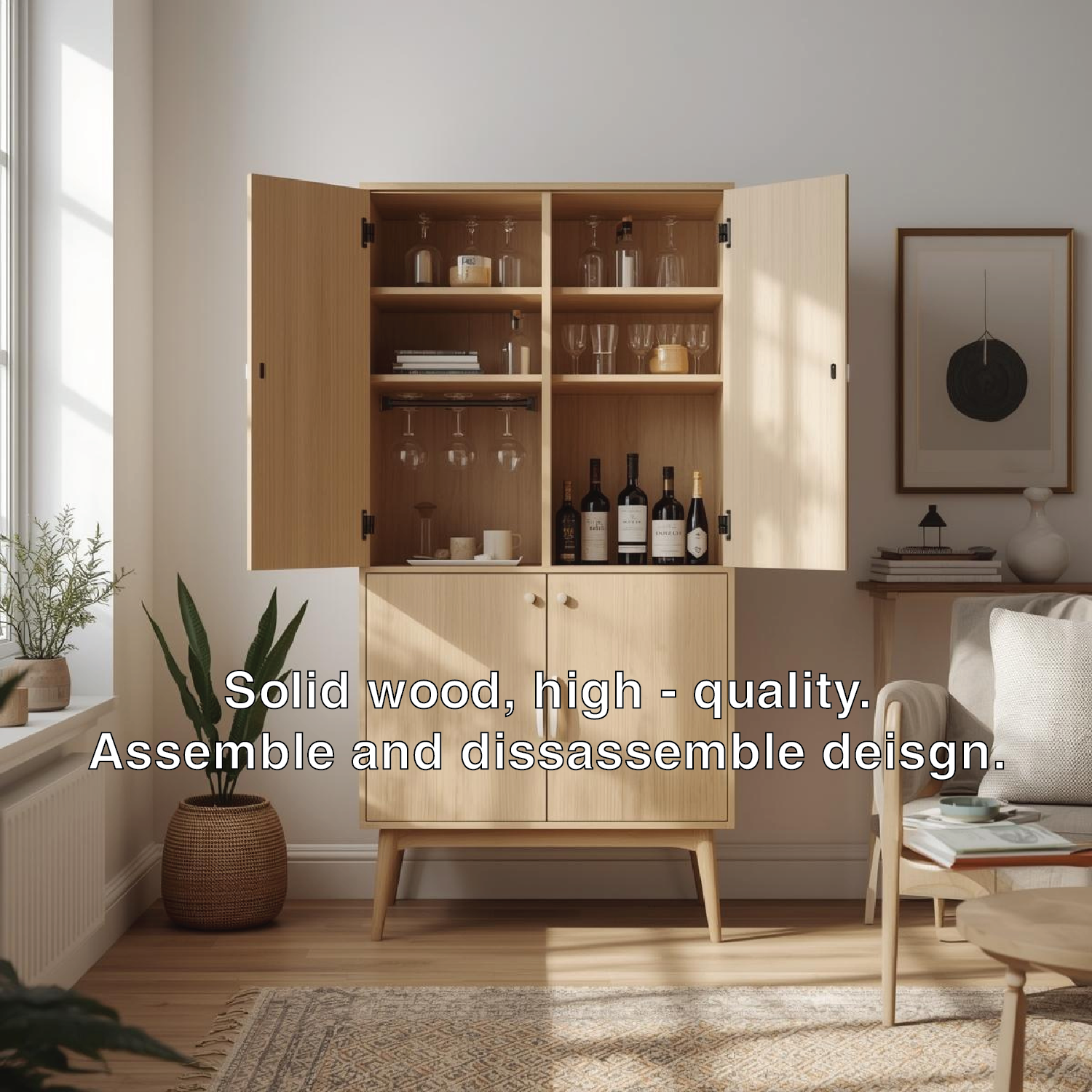 Handcrafted Solid Wood Wine Cabinet Scandinavian Style Bar Storage with Glass Rack