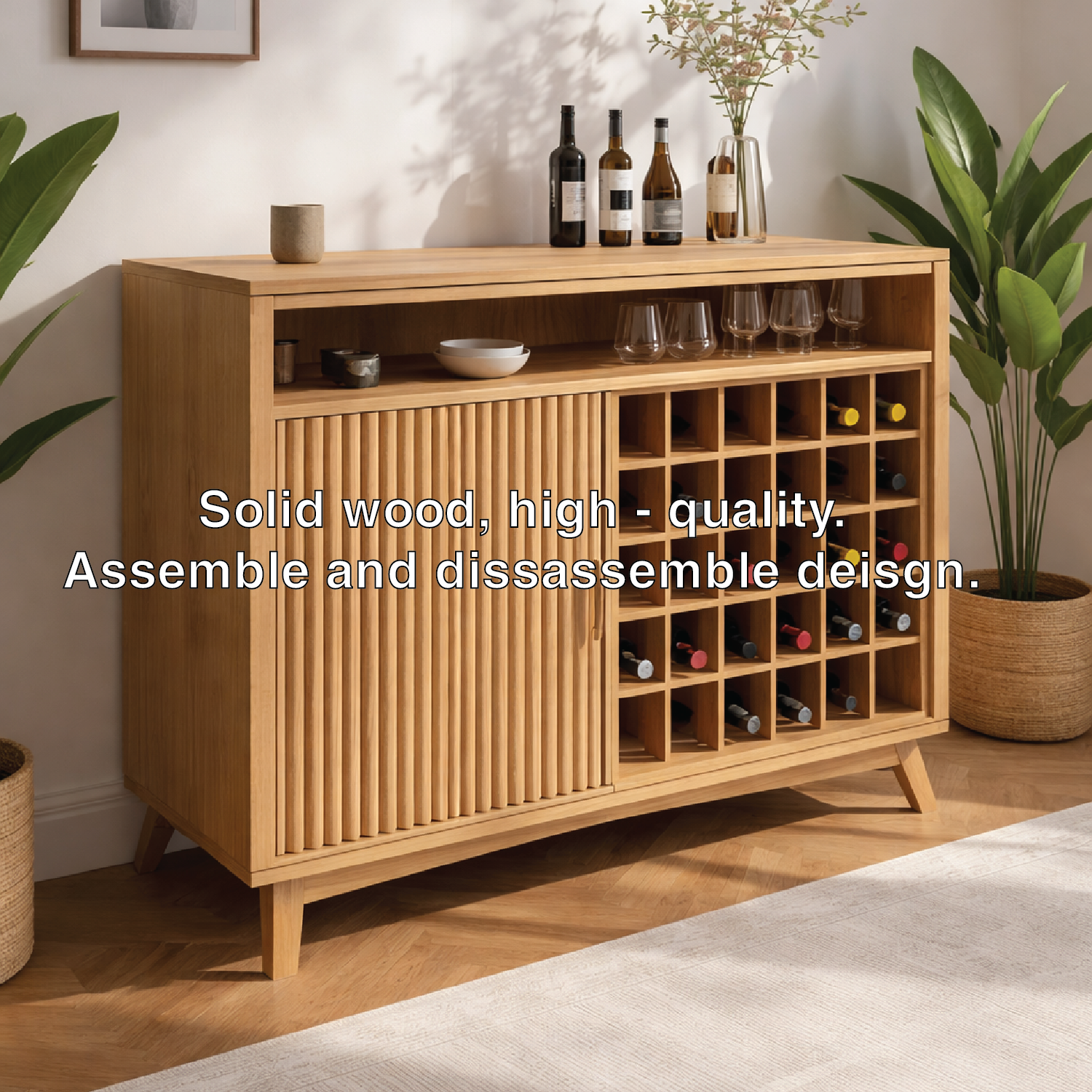 Solid Wood Wine Cabinet with Slatted Door and Bottle Rack Storage