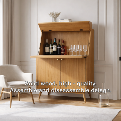 Handcrafted Solid Wood Wine Cabinet with Drop Down Bar and Storage