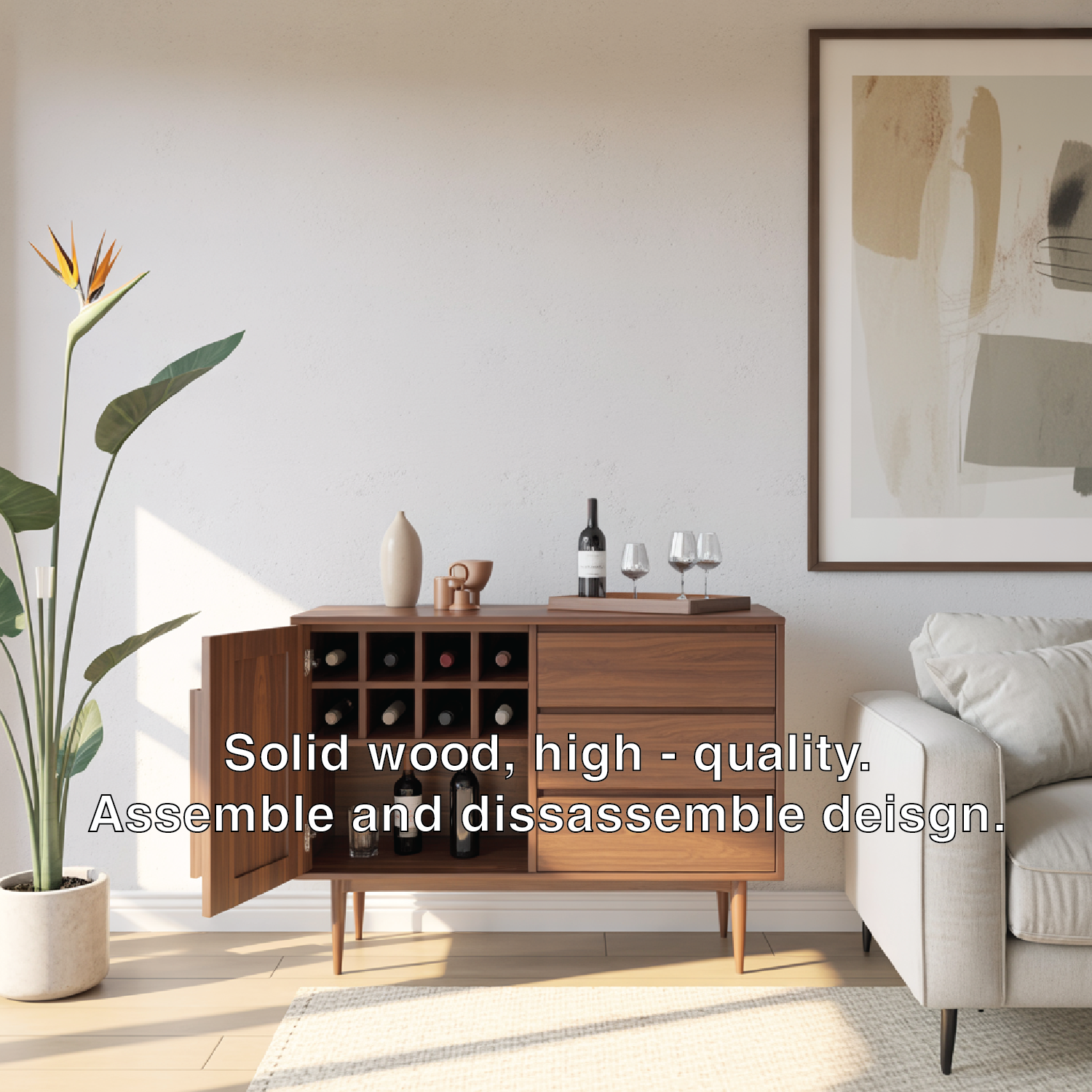 Handcrafted Solid Wood Wine Cabinet Mid Century Bar Sideboard with Drawers and Bottle Grid