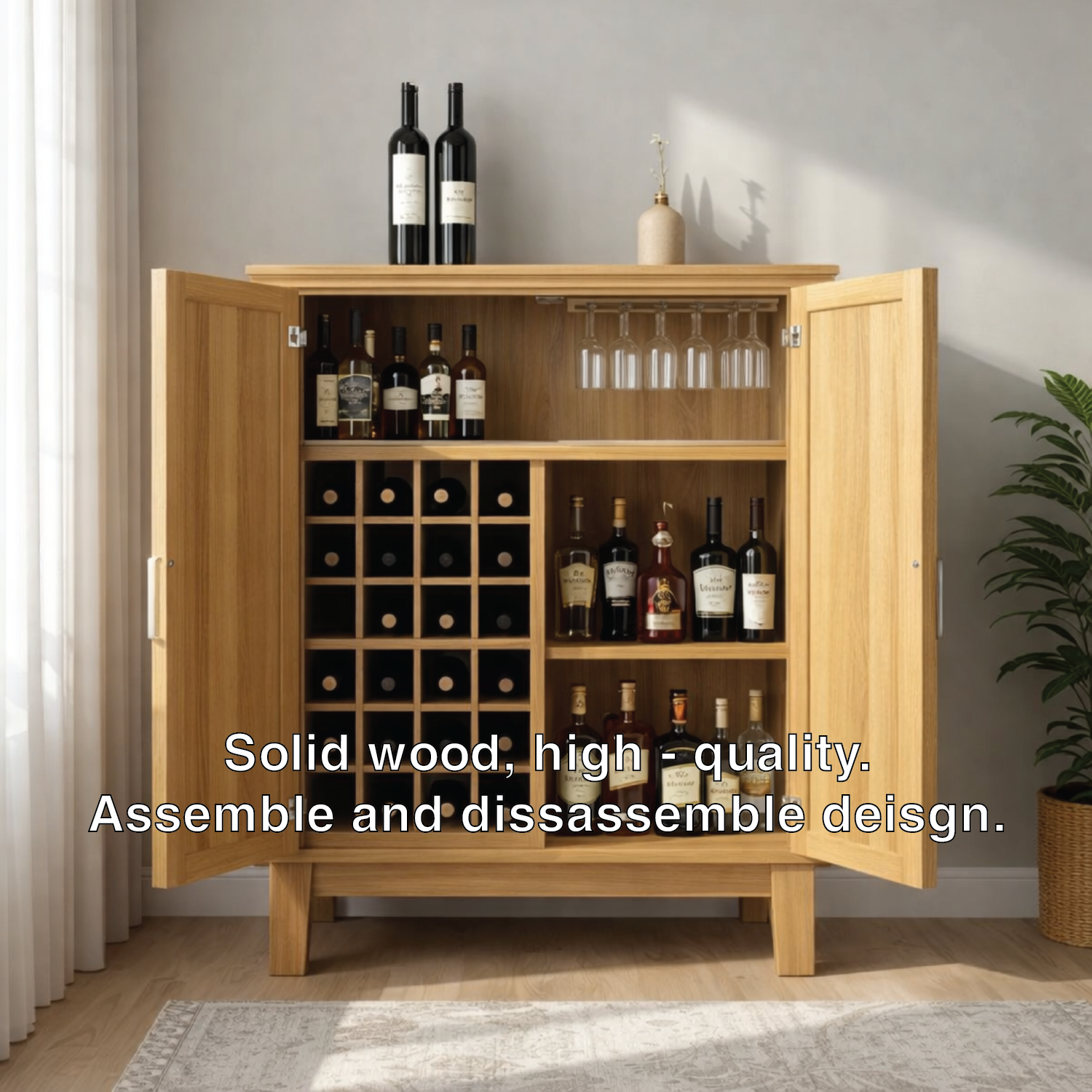 Solid Wood Wine Cabinet with Double Doors and Grid Bottle Storage