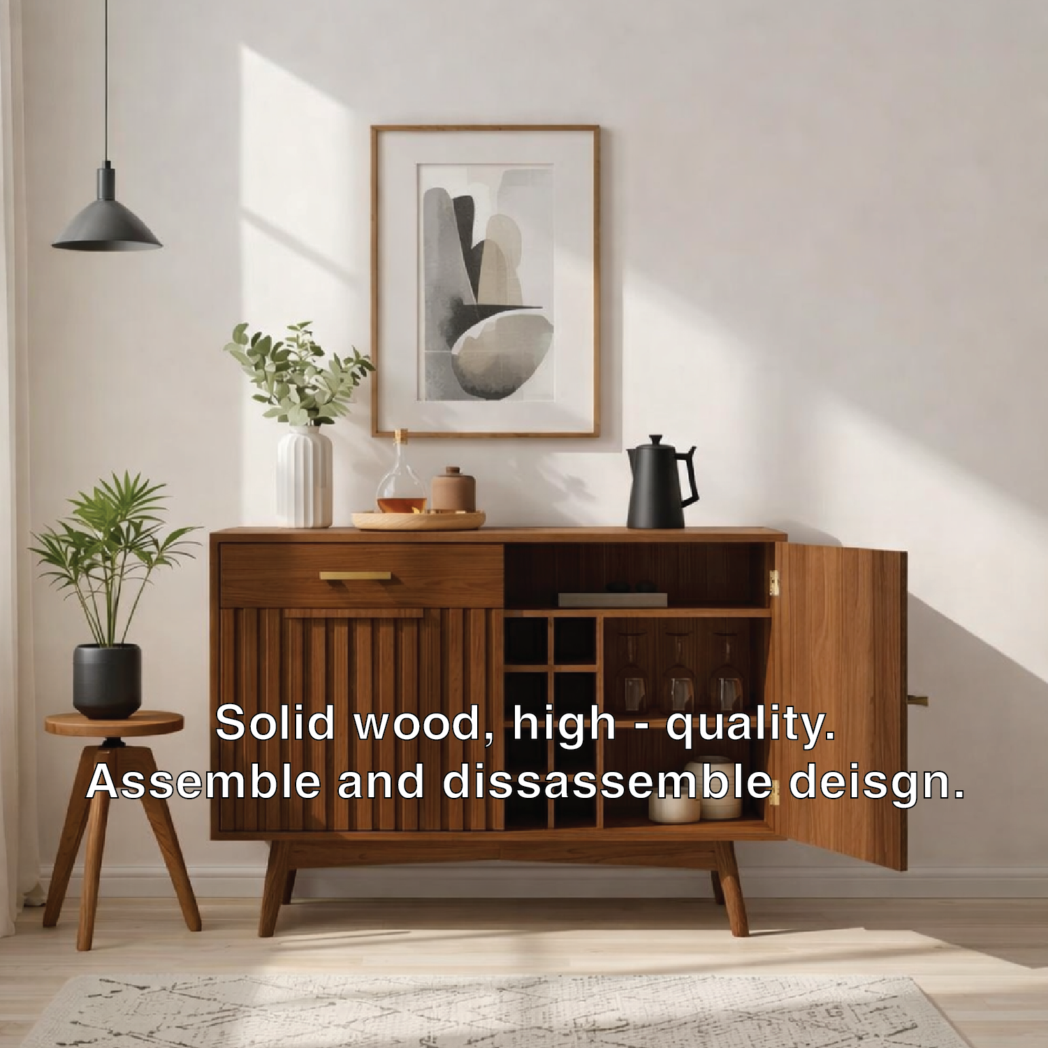 Mid Century Modern Solid Wood Wine Bar Cabinet with Bottle Rack and Glass Storage