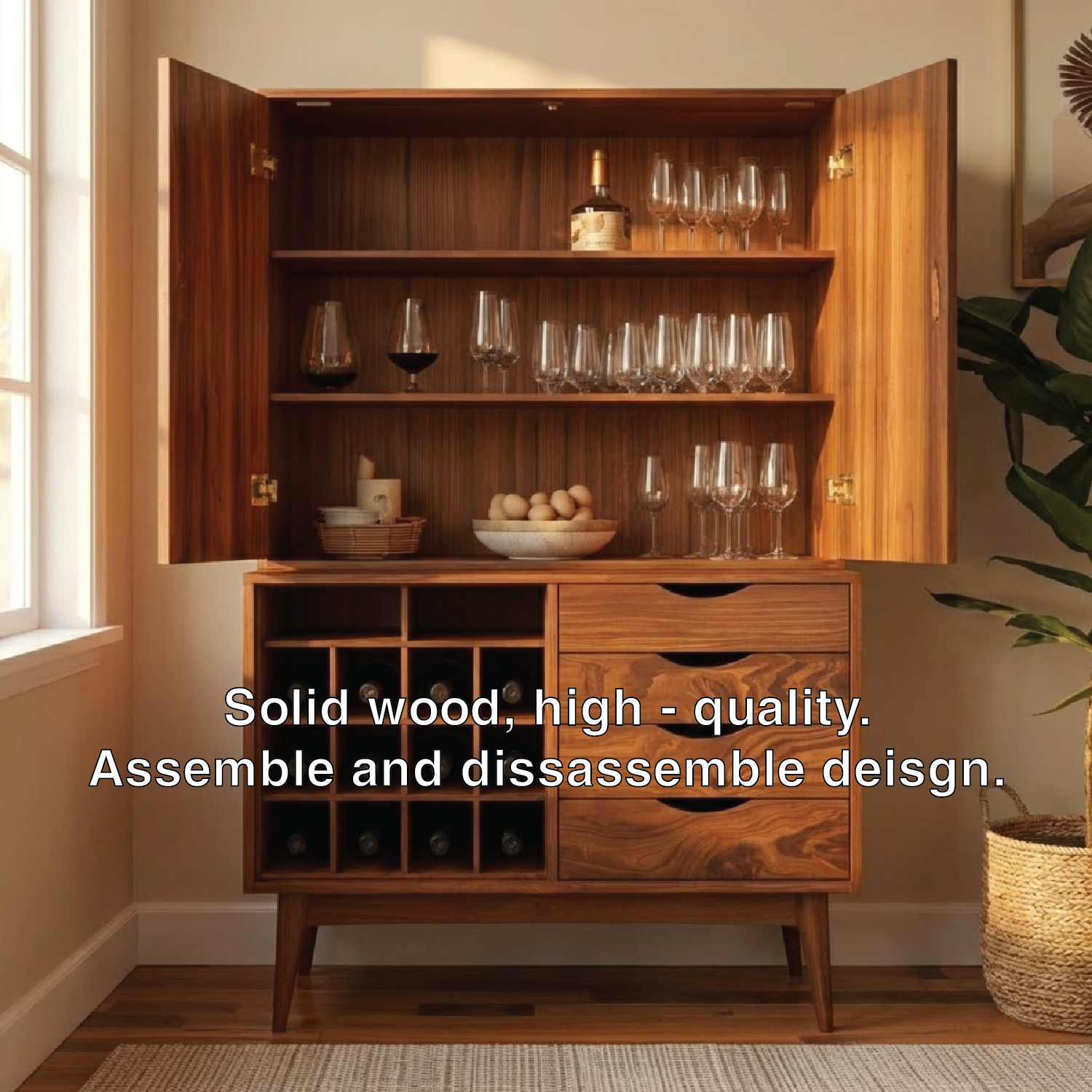 Handcrafted Solid Wood Wine Cabinet Mid Century Bar Storage with Drawers and Bottle Rack