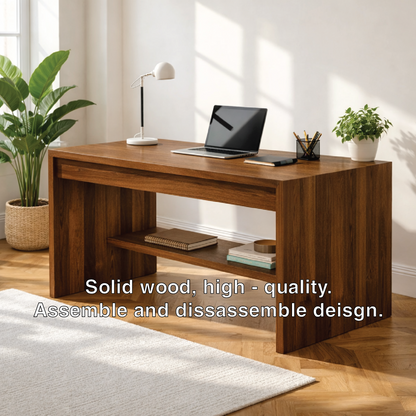 Solid Oak Work Desk with Open Shelf, Handmade Modern Wooden Writing Table