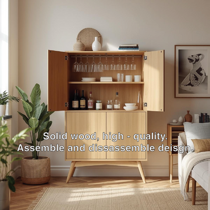 Handcrafted Solid Wood Wine Cabinet Scandinavian Bar Storage with Glass Rack Home Furniture