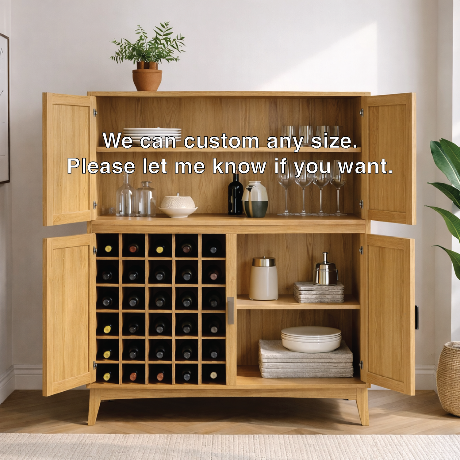 Handcrafted Solid Wood Wine Cabinet with Bottle Rack and Storage Shelves