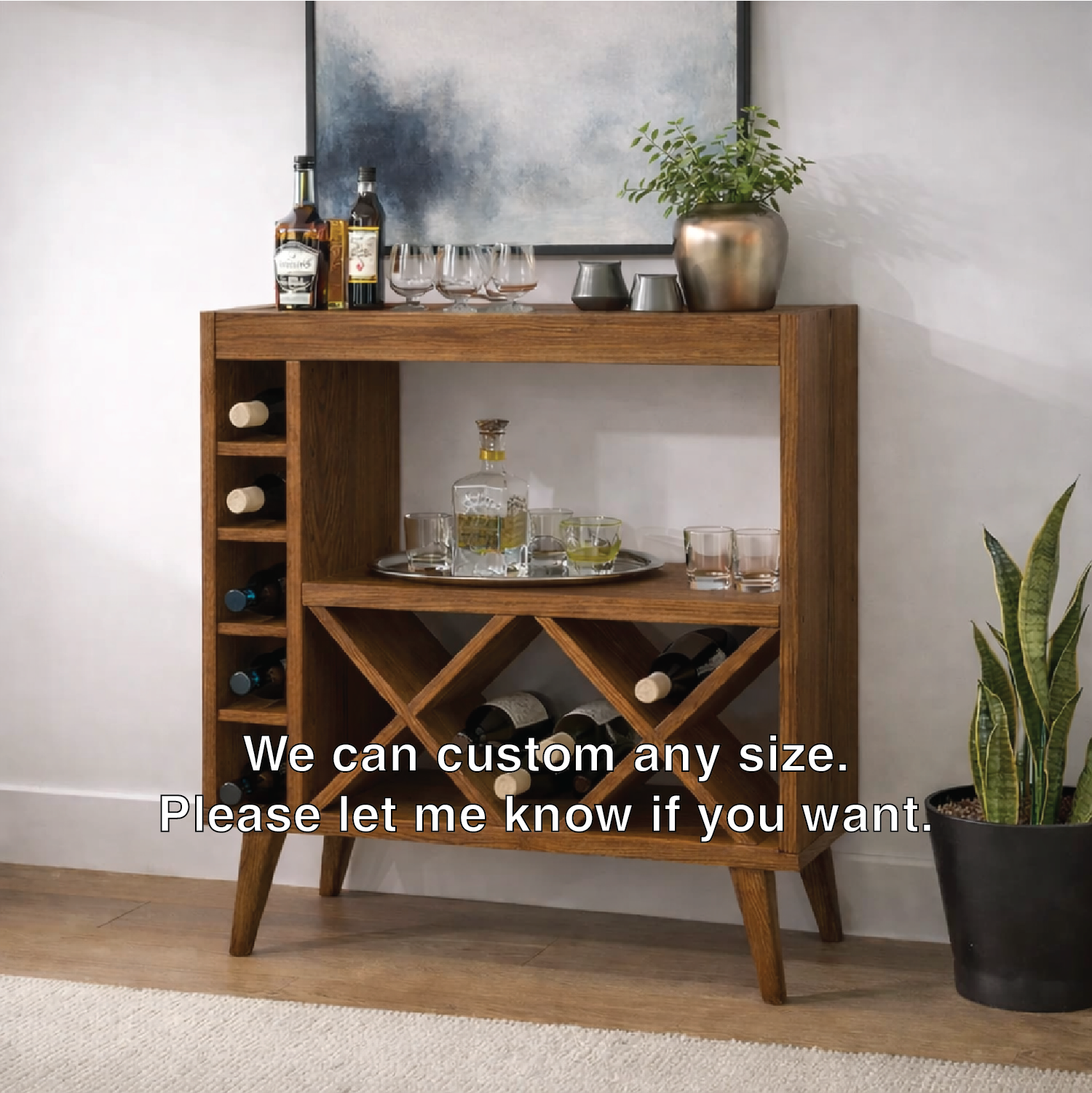 Solid Wood Wine Cabinet with X Rack and Open Shelf Storage