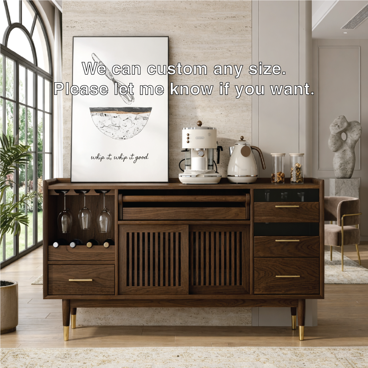 Luxury Modern Wooden Coffee Bar Cabinet, Fluted Sideboard with Wineglass Storage