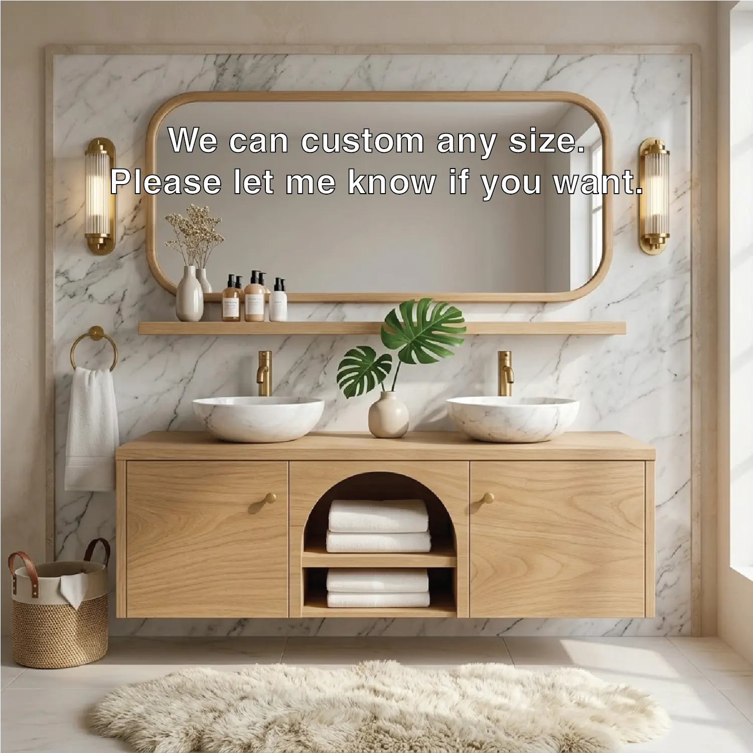 Double Sink Floating Vanity with Wooden Base and Elegant Gold Fixtures Kitchnce