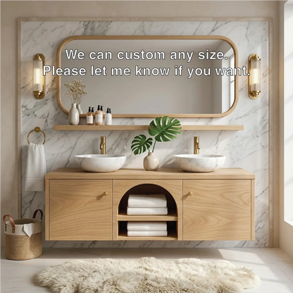 Double Sink Floating Vanity with Wooden Base and Elegant Gold Fixtures Kitchnce