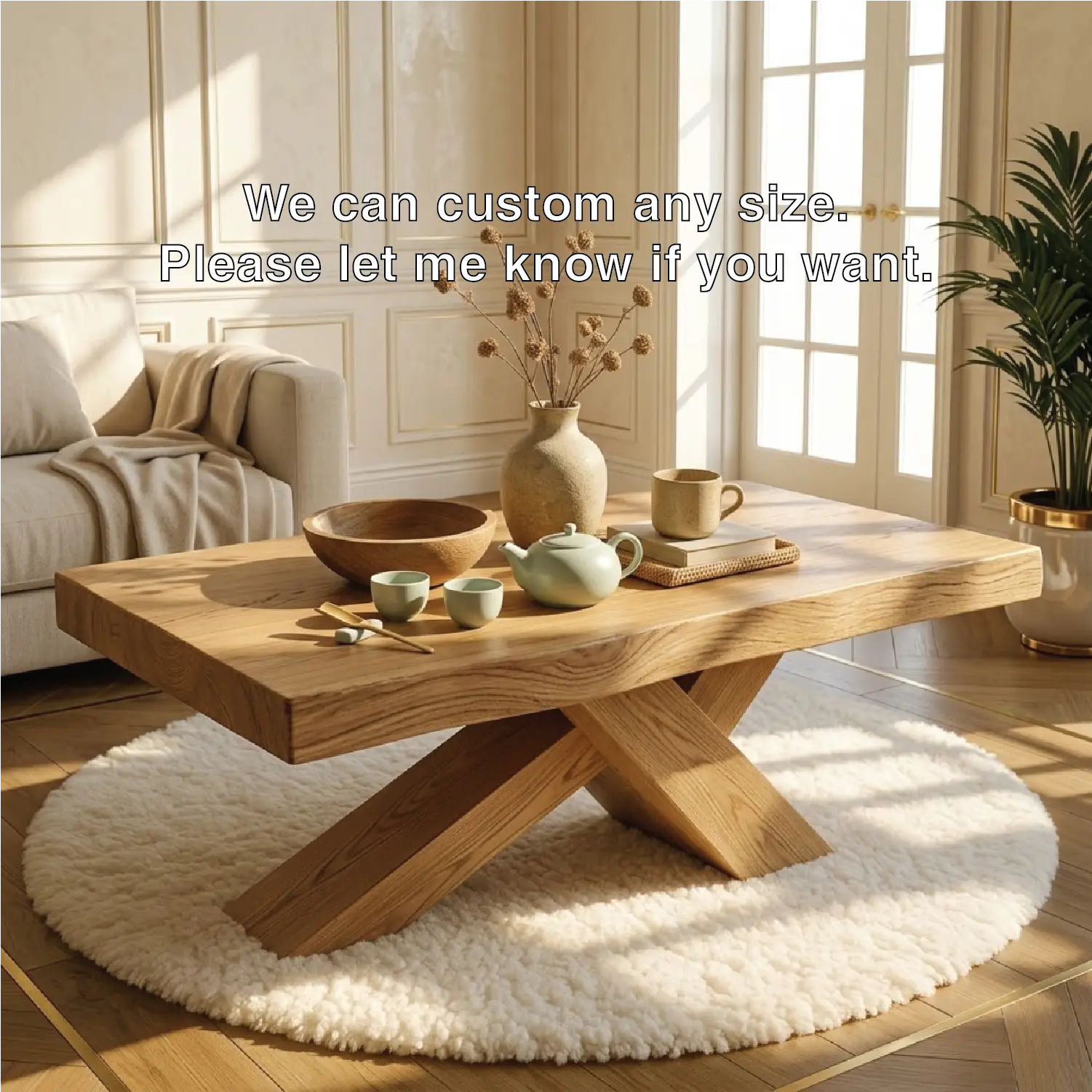 Rustic Solid Wood Coffee Table with X-shaped Legs and Natural Finish Kitchnce