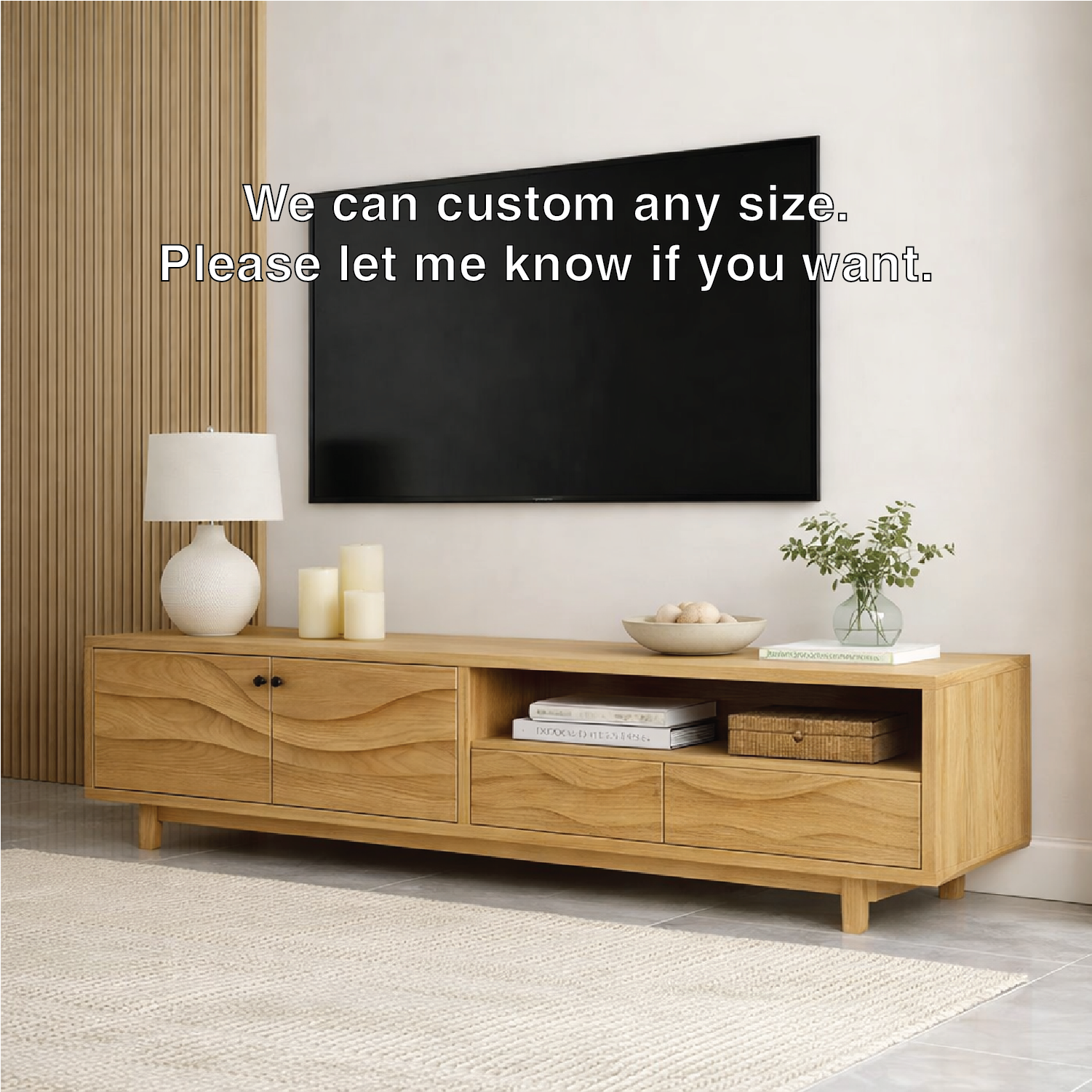 Mid Century Solid Wood TV Stand Long Media Console Modern Entertainment Cabinet Kitchnce