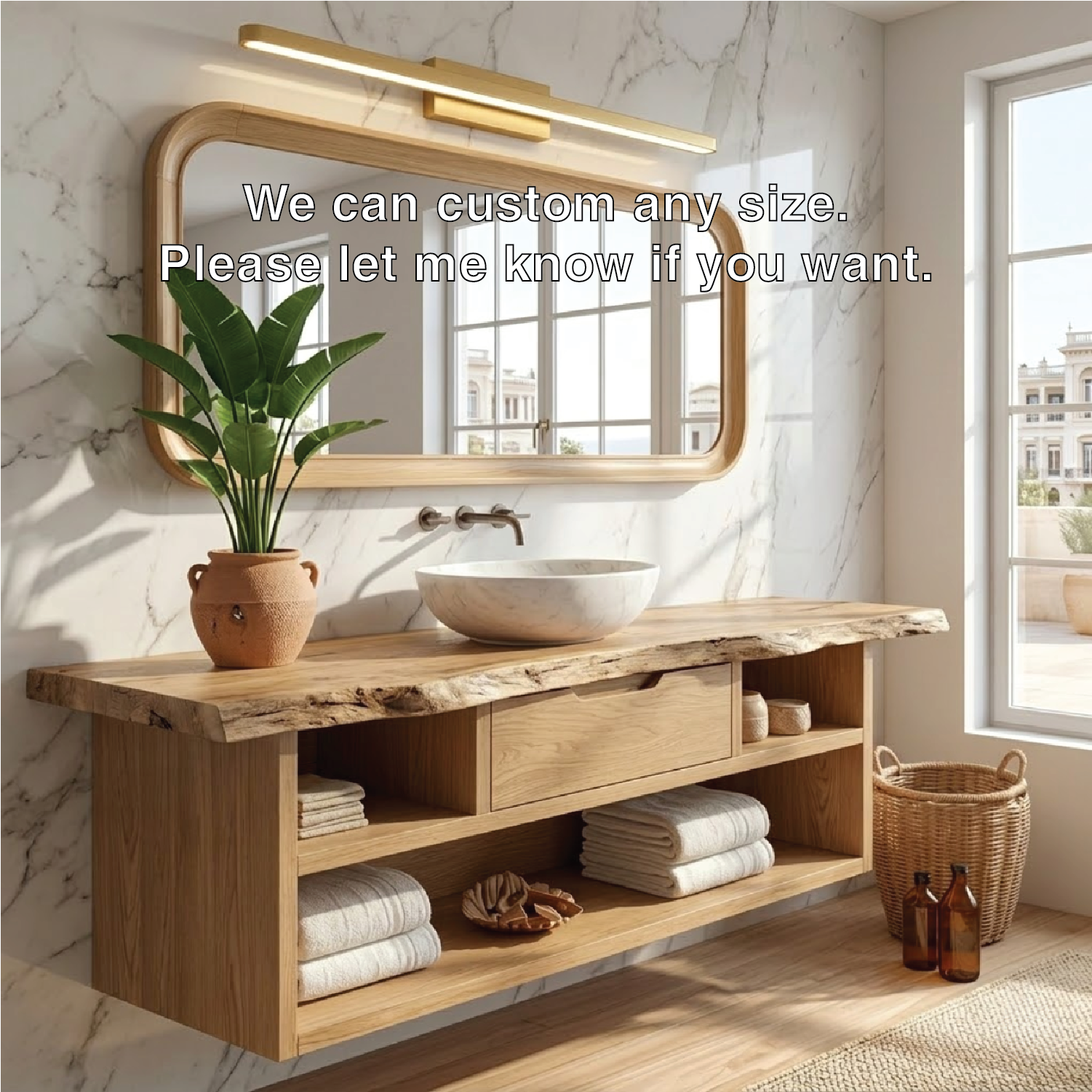 Modern Floating Vanity with Walnut Wood, Marble Sink, and Spacious Storage