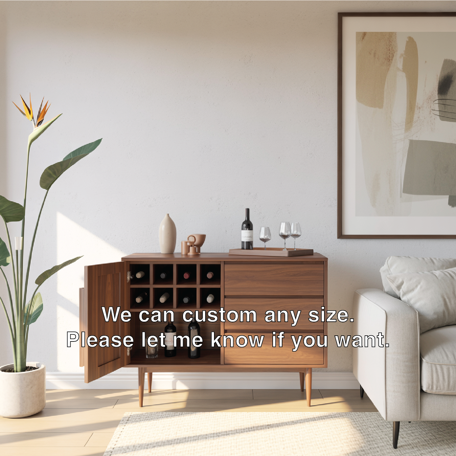 Handcrafted Solid Wood Wine Cabinet Mid Century Bar Sideboard with Drawers and Bottle Grid