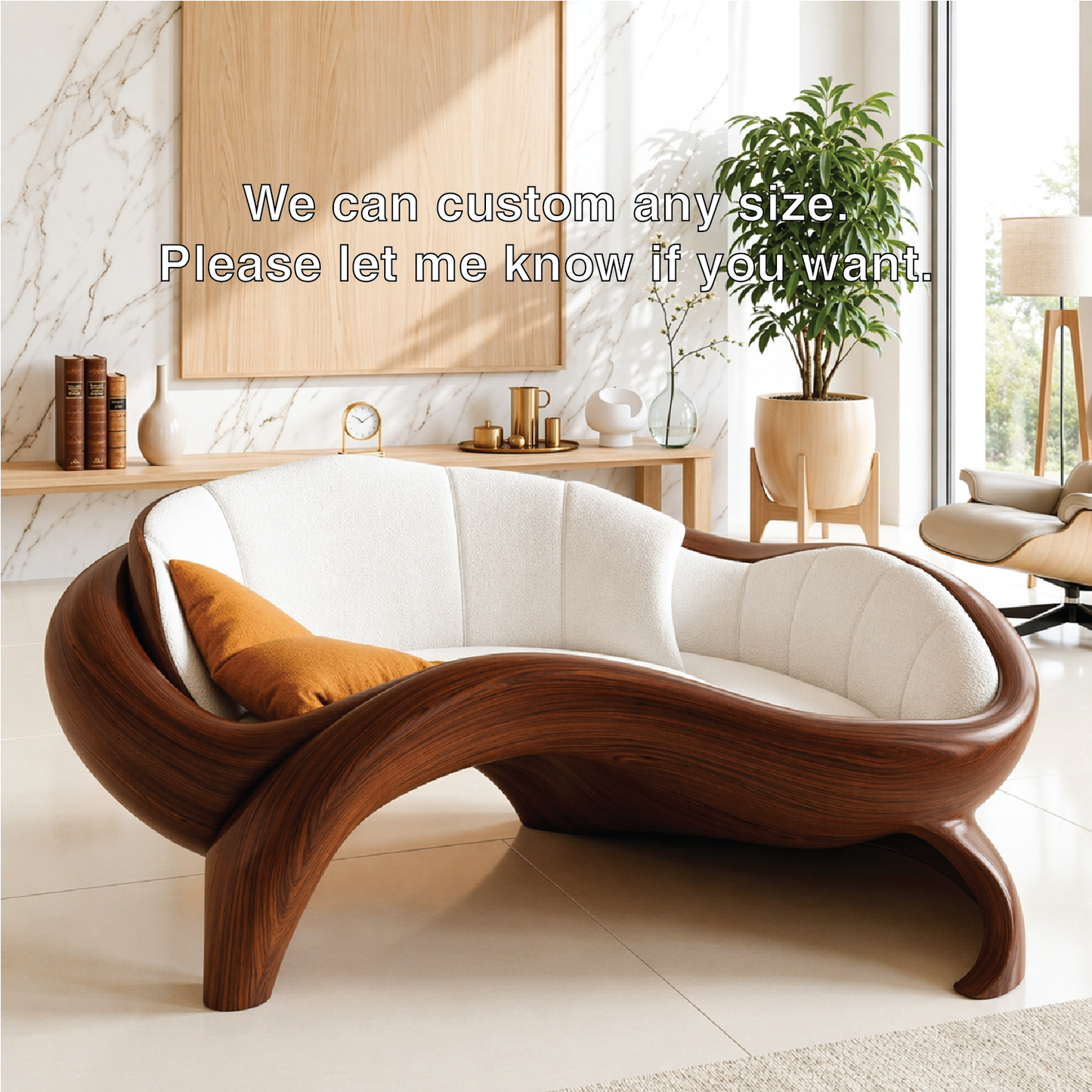 Organic Modern Wooden Lounge Chair, Sculptural Curved Sofa with Oversized Cushion