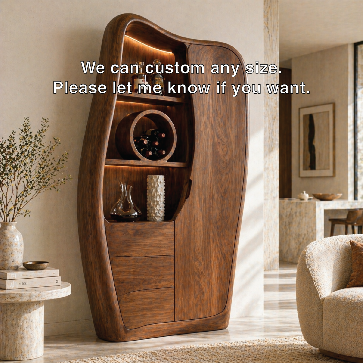 Sculptural Tall Bar Cabinet Wine Storage Display Shelves Freestanding Statement Piece