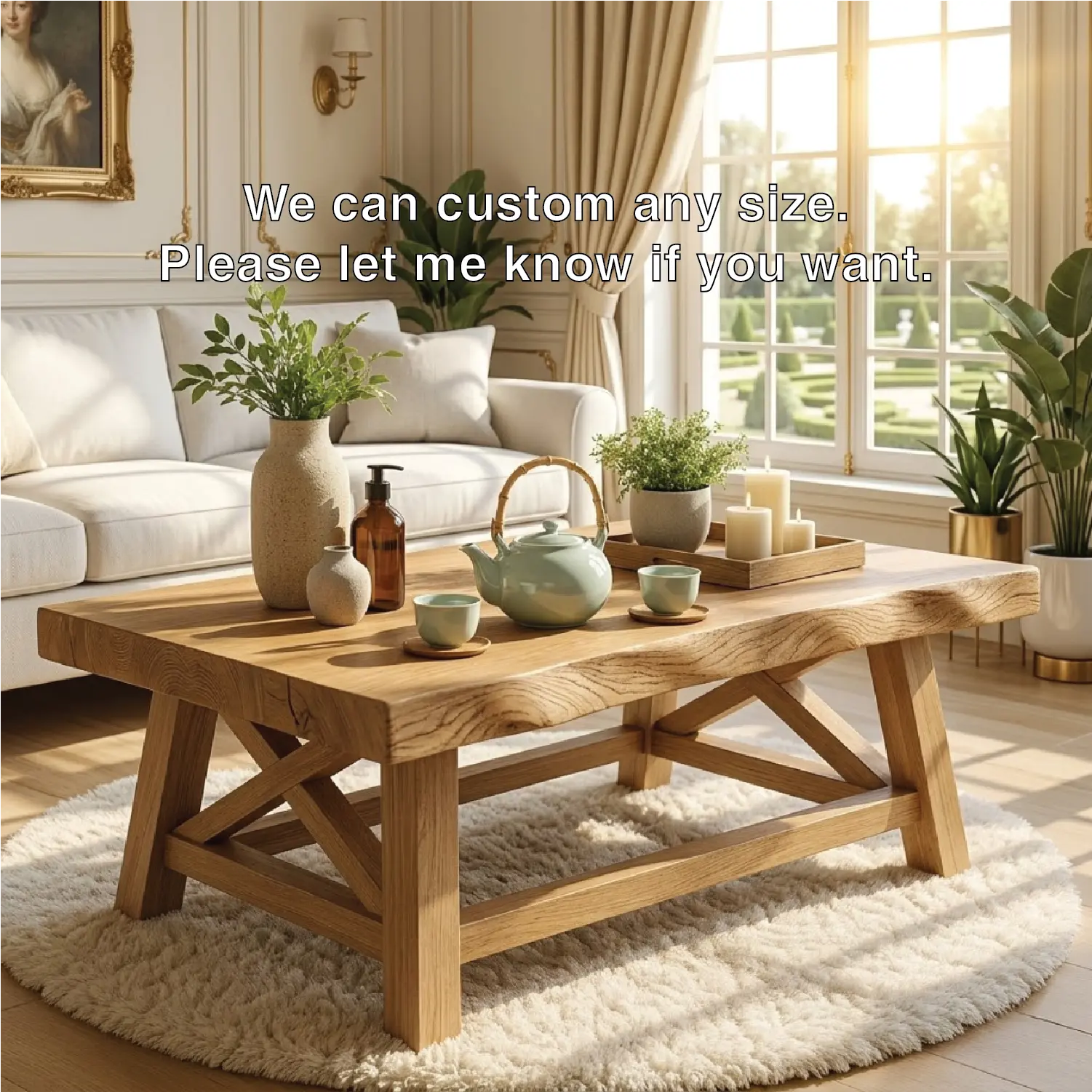Handcrafted Wooden Coffee Table with X-Shaped Support, Natural Rustic Finish Kitchnce