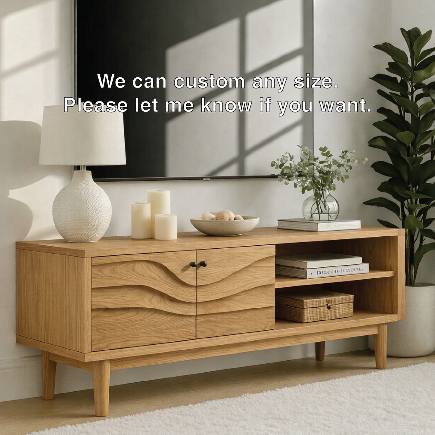 Mid Century Solid Wood TV Stand Wave Front Media Console Modern Entertainment Cabinet Kitchnce