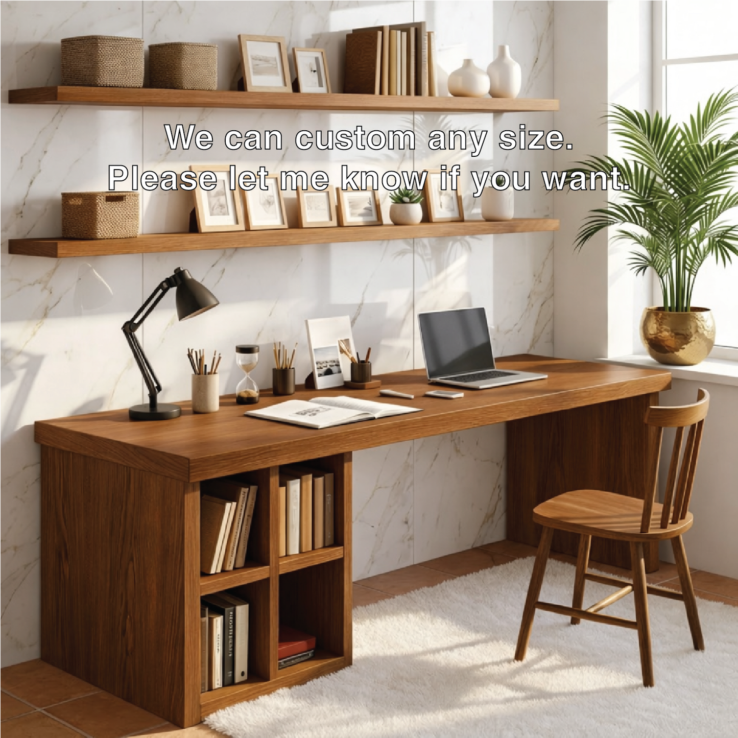 Modern Long Writing Desk with Storage Shelves Home Office Work Table Minimal Design