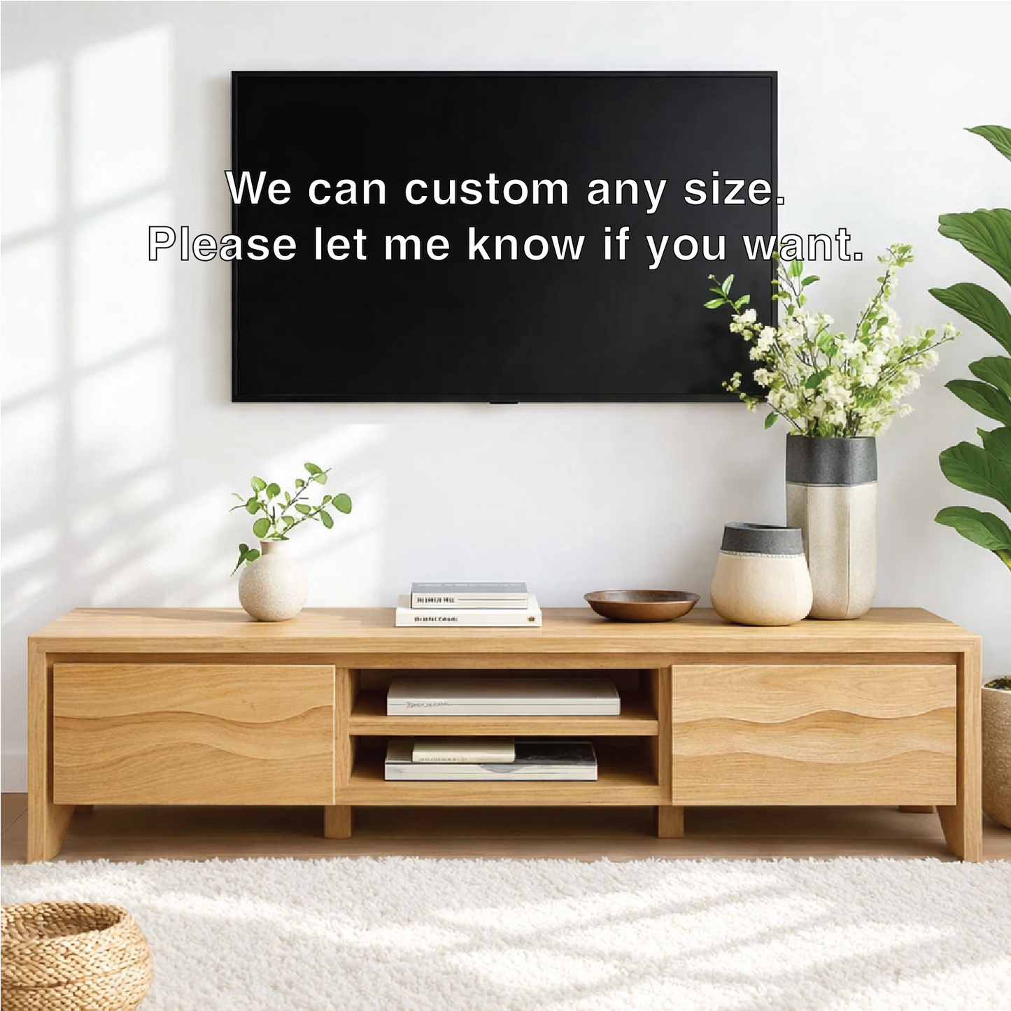 Modern Wave Front Wood TV Stand Long Media Console With Storage and Open Shelf Kitchnce