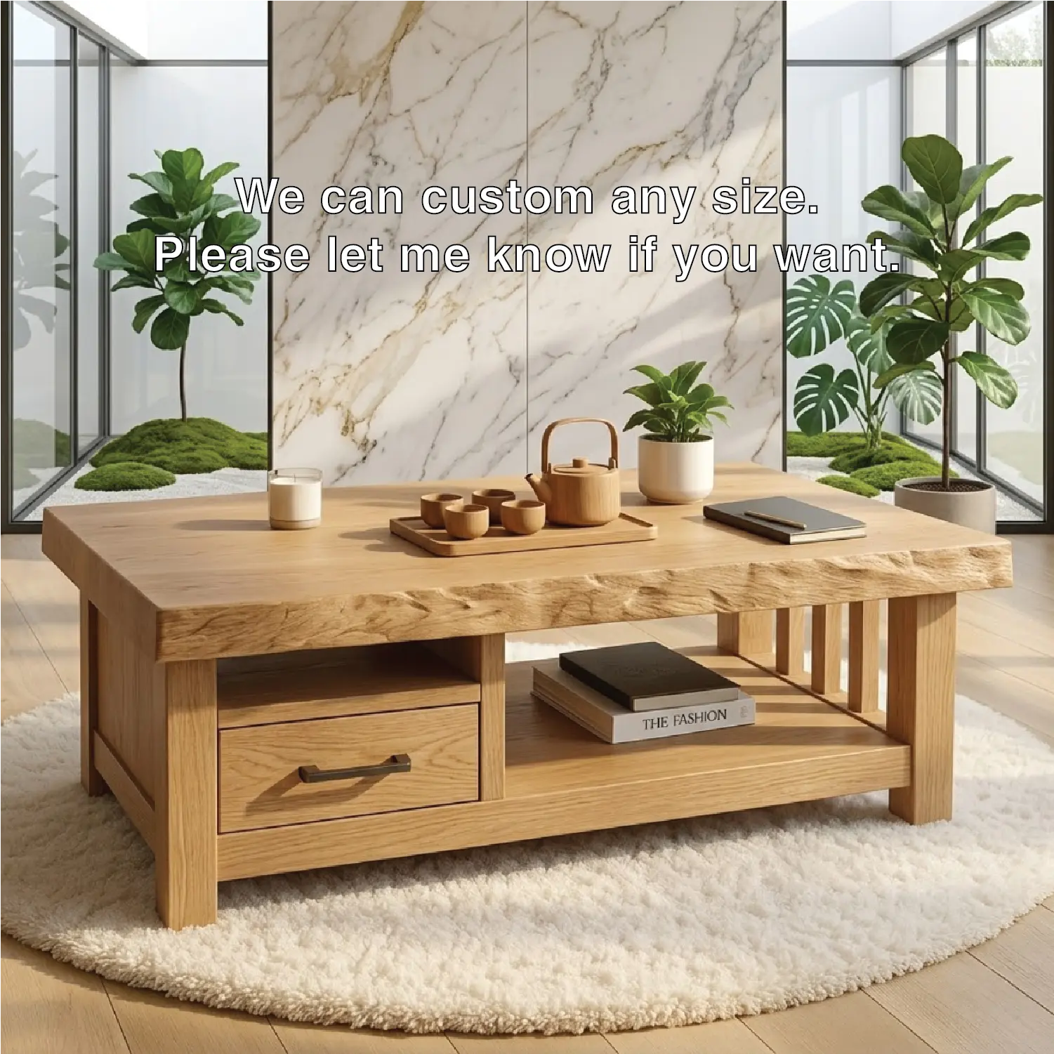 Modern Solid Wood Coffee Table with Drawer and Open Shelf for Living Room Storage Kitchnce
