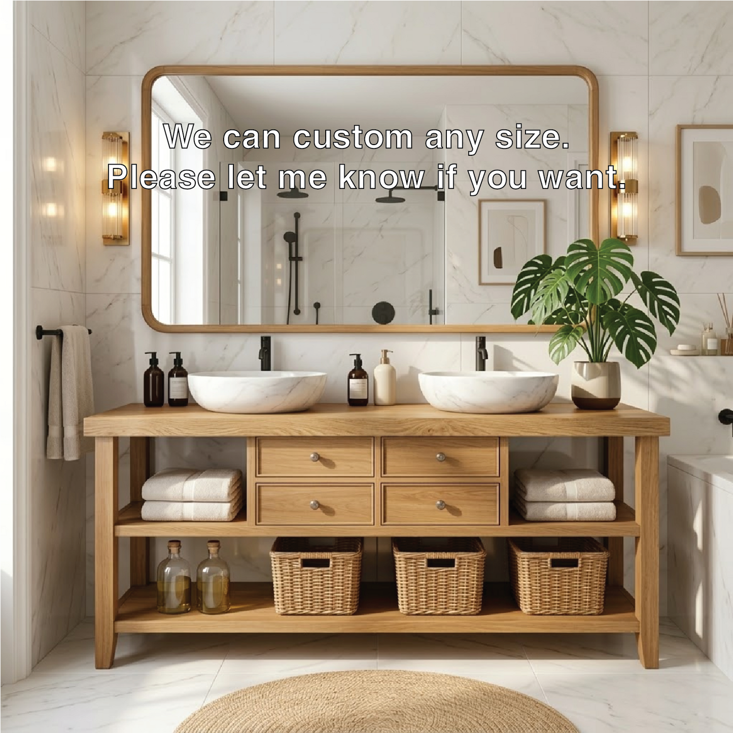 Modern Wooden Bathroom Vanity with Dual Marble Sinks and Ample Storage Kitchnce