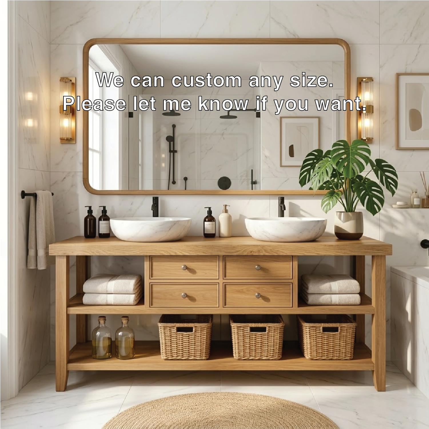 Modern Wooden Bathroom Vanity with Dual Marble Sinks and Ample Storage Kitchnce