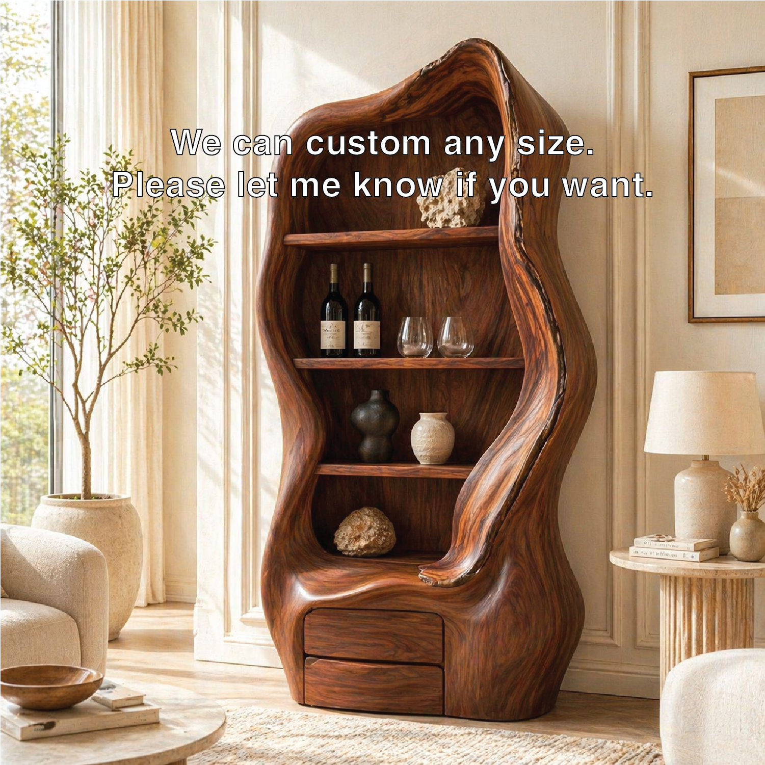 Sculptural Tall Wine Cabinet Organic Bar Storage Display Shelves Statement Furniture