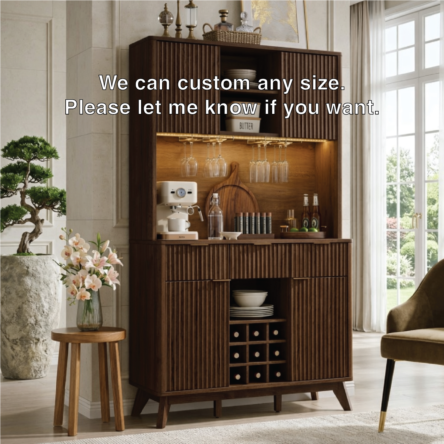 Tall Contemporary Fluted Wooden Bar Cabinet, Coffee-Station Hutch with Wine Storage