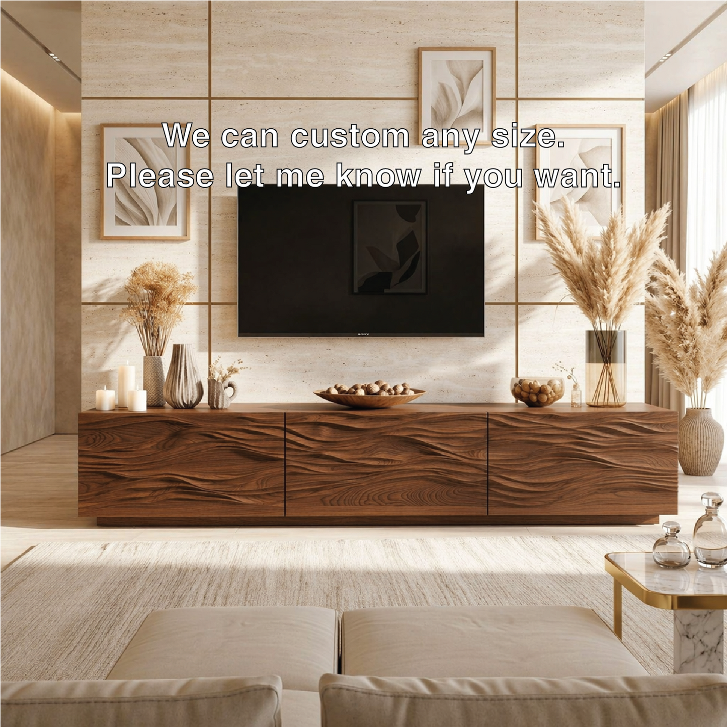 Sculptural Wave Carved TV Console, Modern Entertainment Cabinet for Refined Interiors