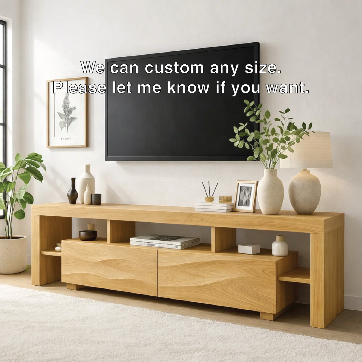 Modern Wave Front Wood TV Stand Long Media Console With Open Shelves Entertainment Center Kitchnce