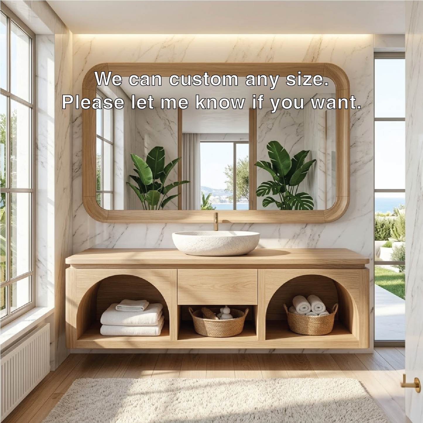 Modern Solid Wood Floating Vanity with Arched Shelves and Natural Finish Kitchnce
