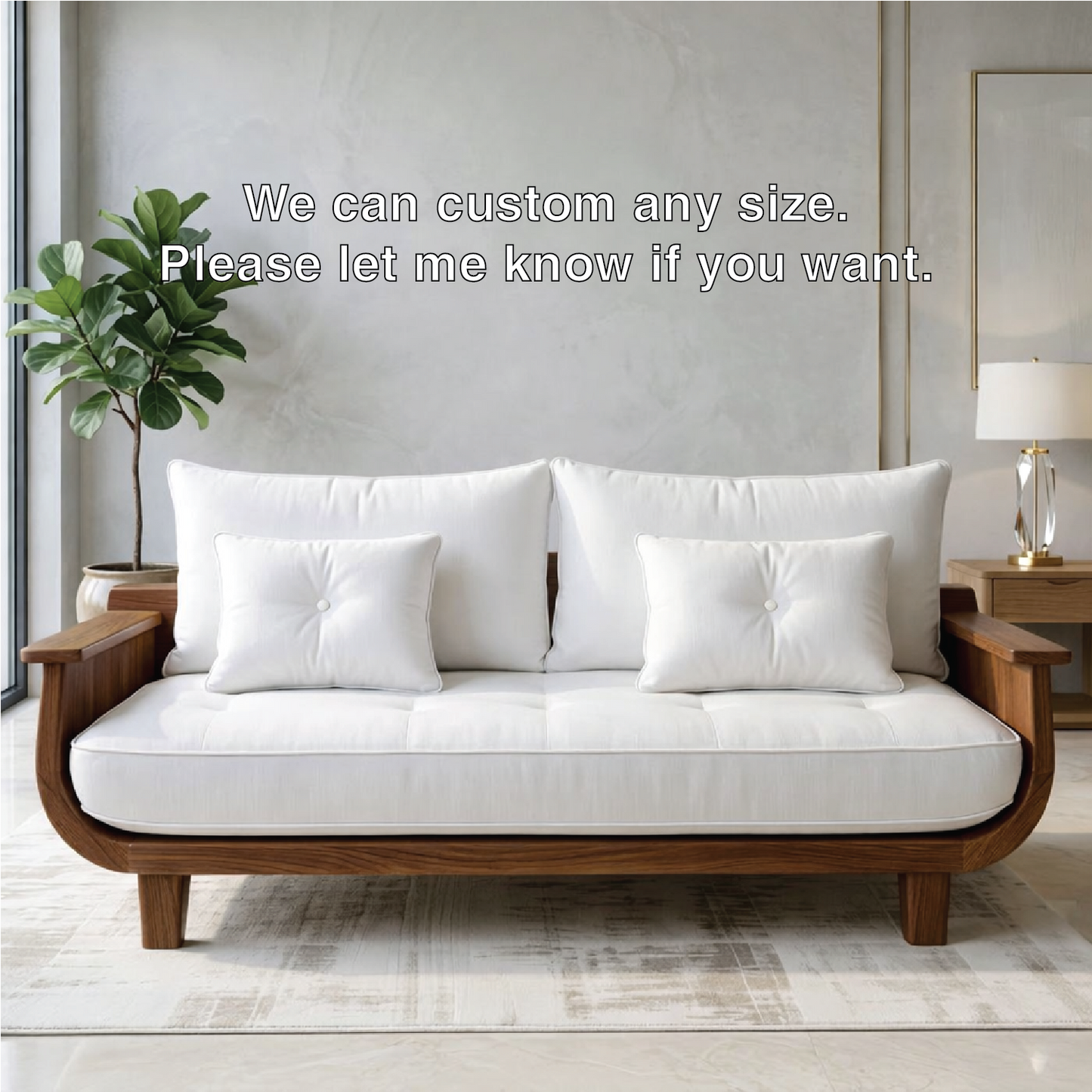 Modern Curved Solid Wood Sofa with White Tufted Cushions Mid Century Seating