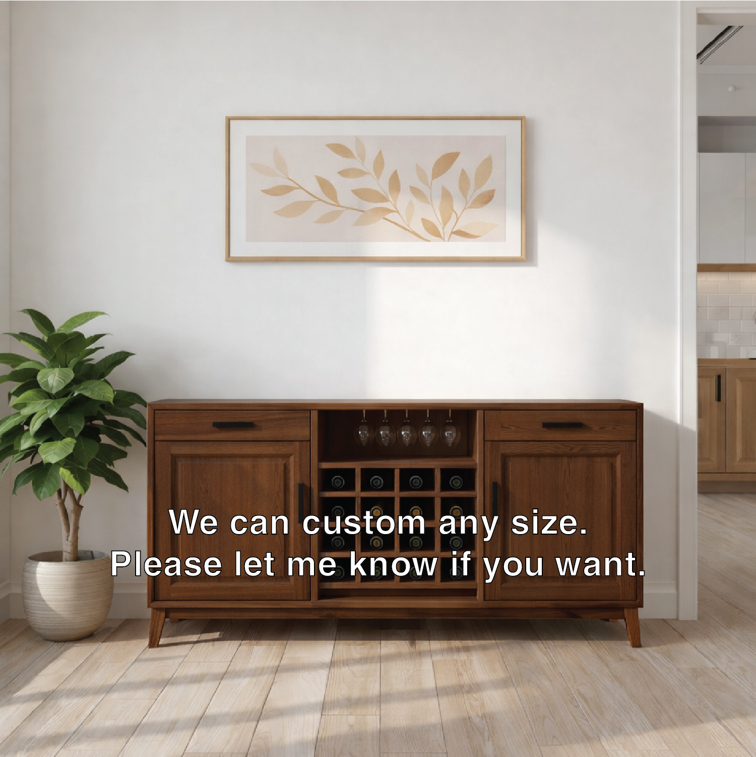 Mid Century Solid Wood Wine Cabinet with Bottle Rack and Glass Storage Sideboard