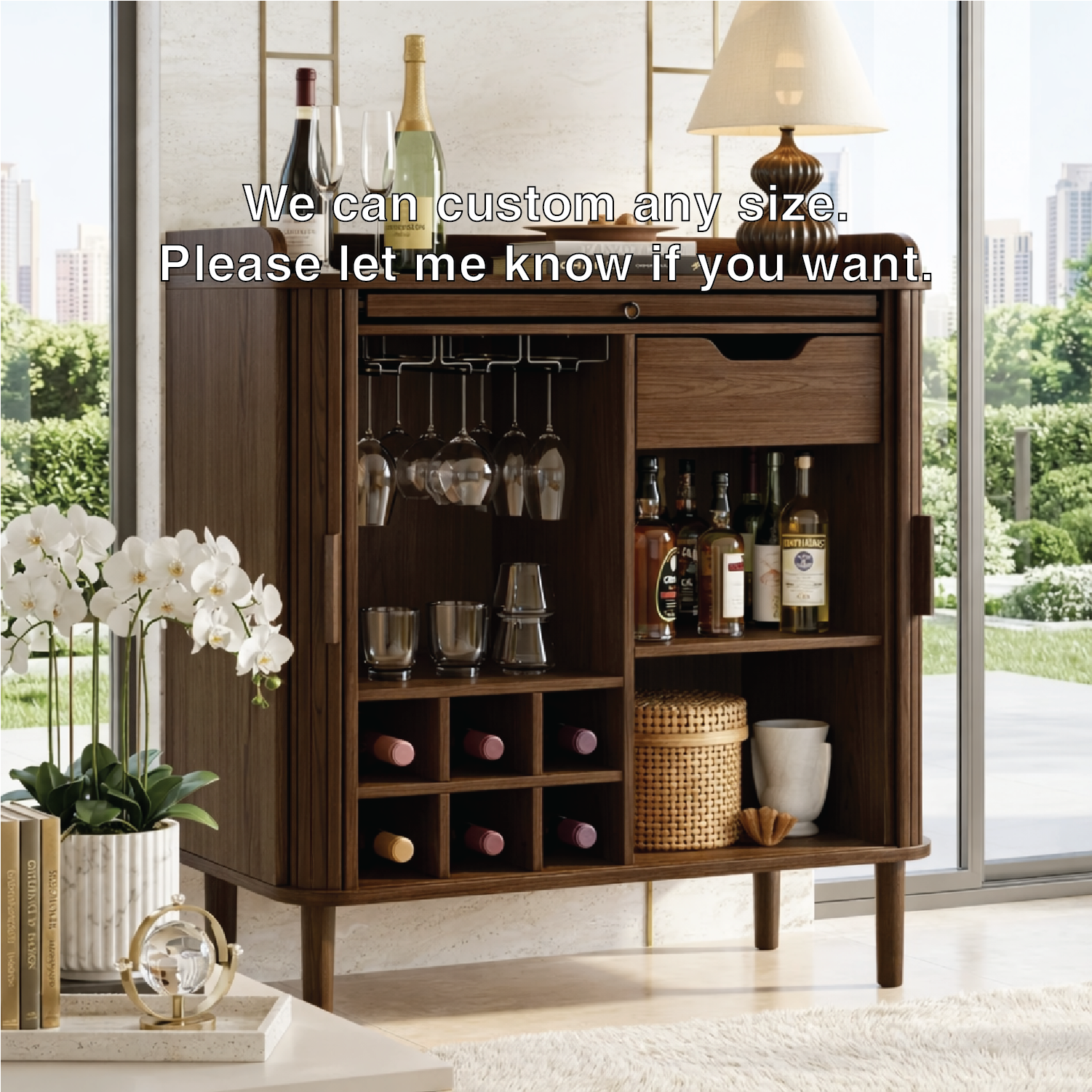 Elegant Modern Wooden Bar Cabinet, Fluted Home-Bar Console with Wineglass Storage
