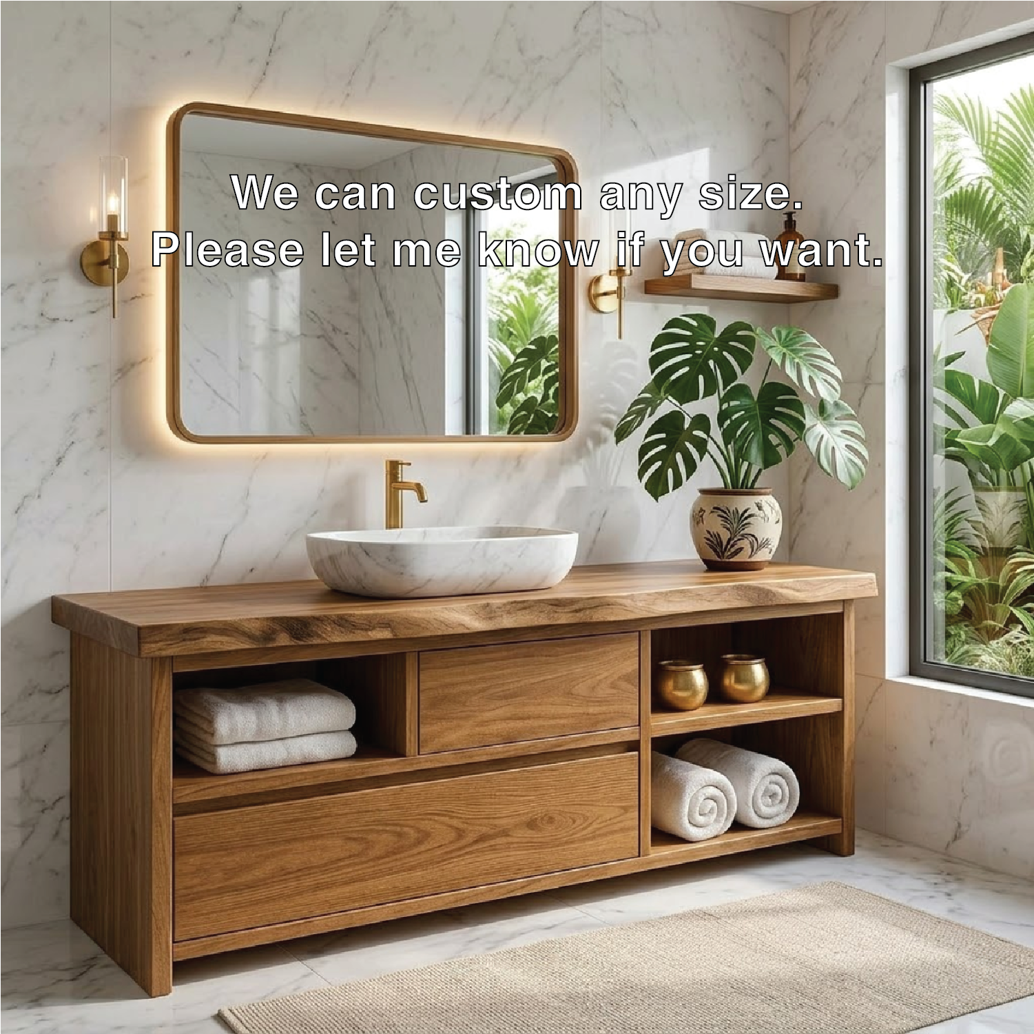 Elegant Wooden Bathroom Vanity with Marble Sink and LED Mirror Kitchnce