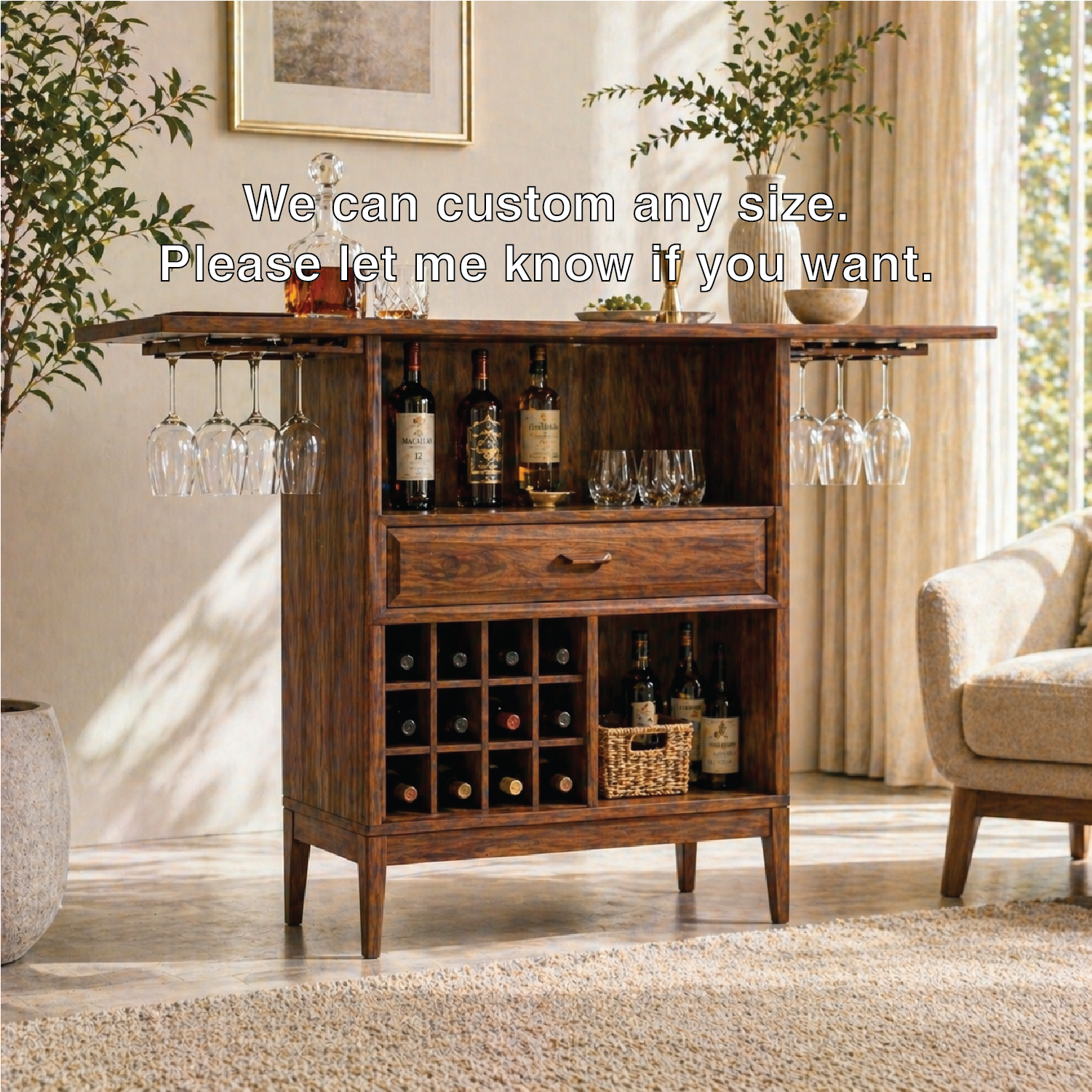Expandable Bar Cabinet Wine Storage Glass Rack Home Entertaining Display Furniture