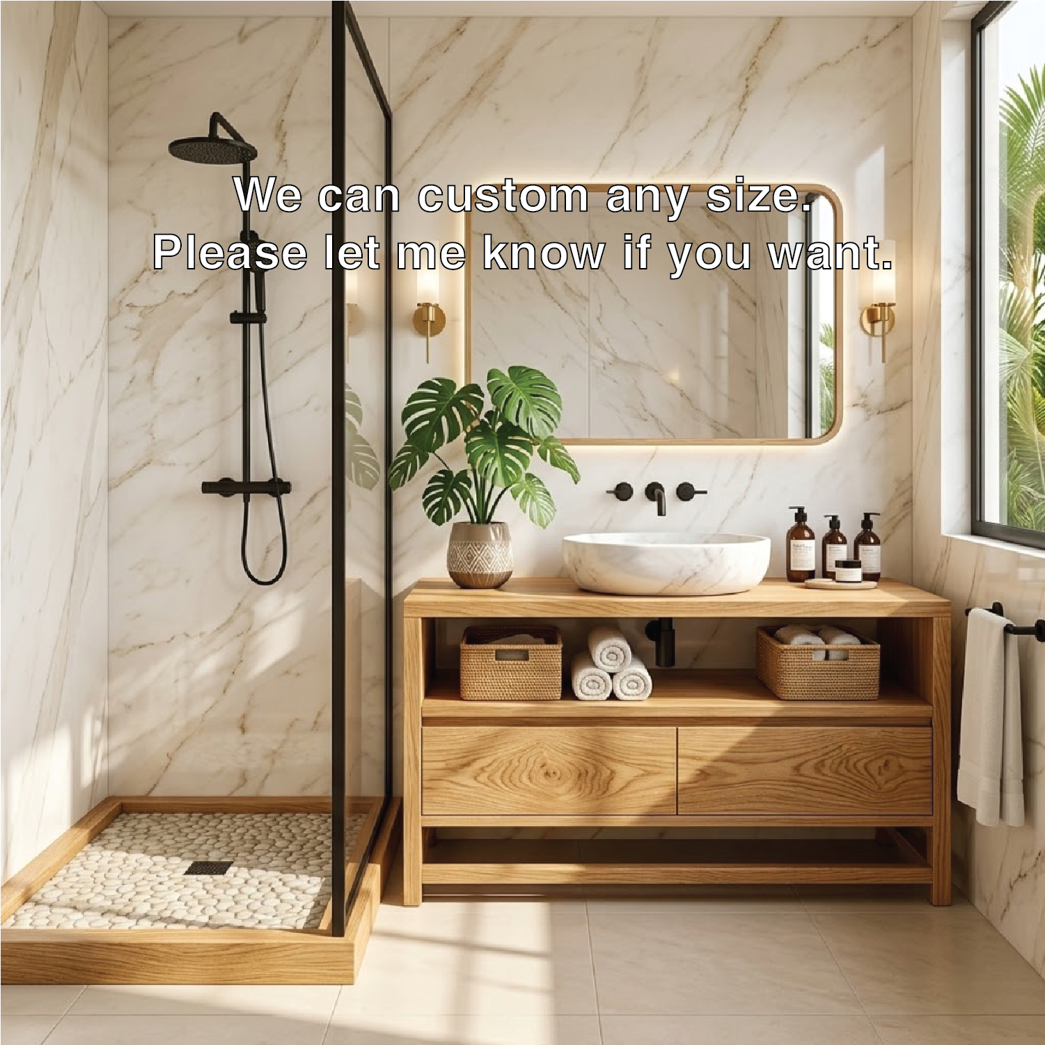 Modern Oak Bathroom Vanity with Marble Sink and LED Mirror Kitchnce