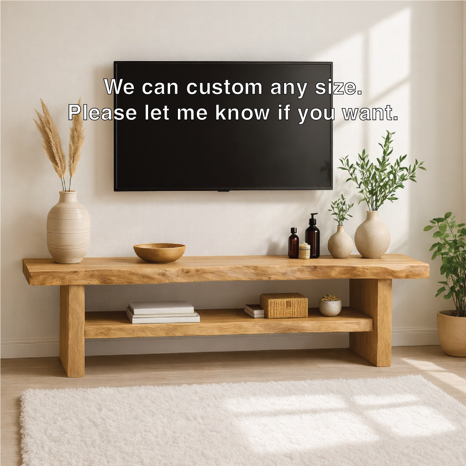 Rustic Solid Wood TV Stand Long Live Edge Media Console Natural Entertainment Unit Kitchnce