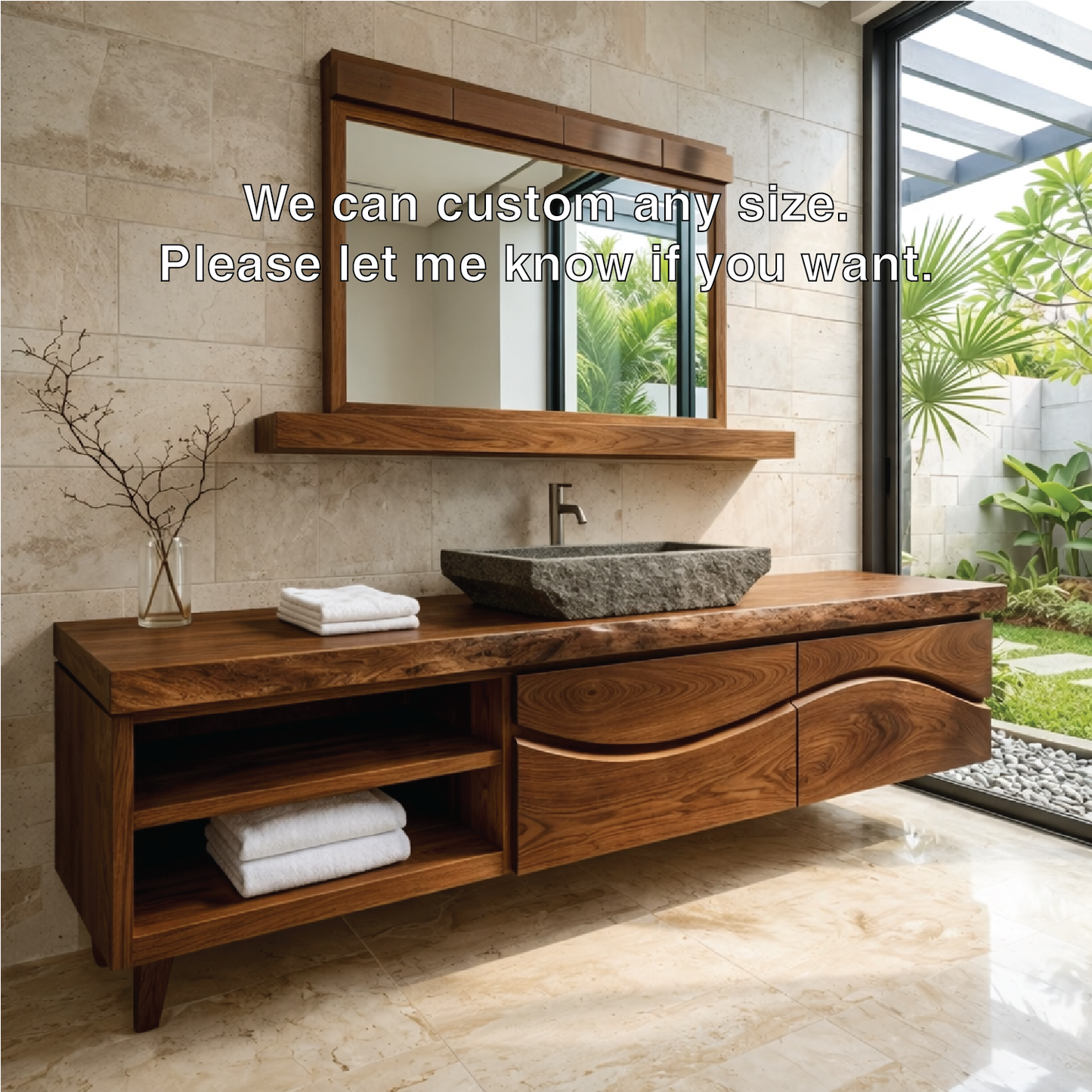 Handcrafted Solid-Wood Floating Bathroom Vanity with Stone Vessel Sink and Mirror