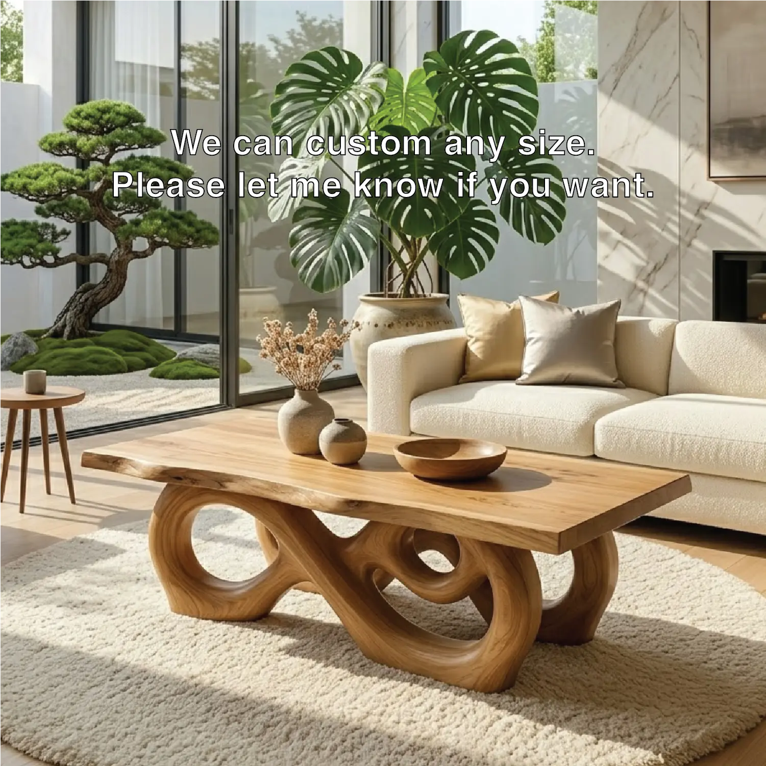 Sculptural Solid Wood Coffee Table with Artistic Carved Base, Modern Living Room Table Kitchnce