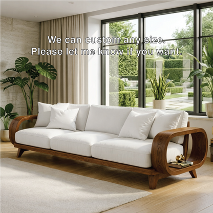 Modern Sculptural Solid Wood Sofa with White Cushions Organic Curved Designer Couch