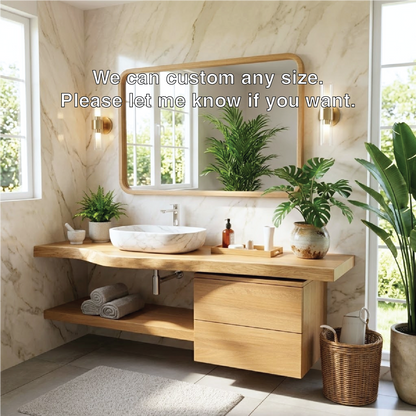 Floating Bathroom Vanity with Natural Wood Finish and Open Shelf Kitchnce