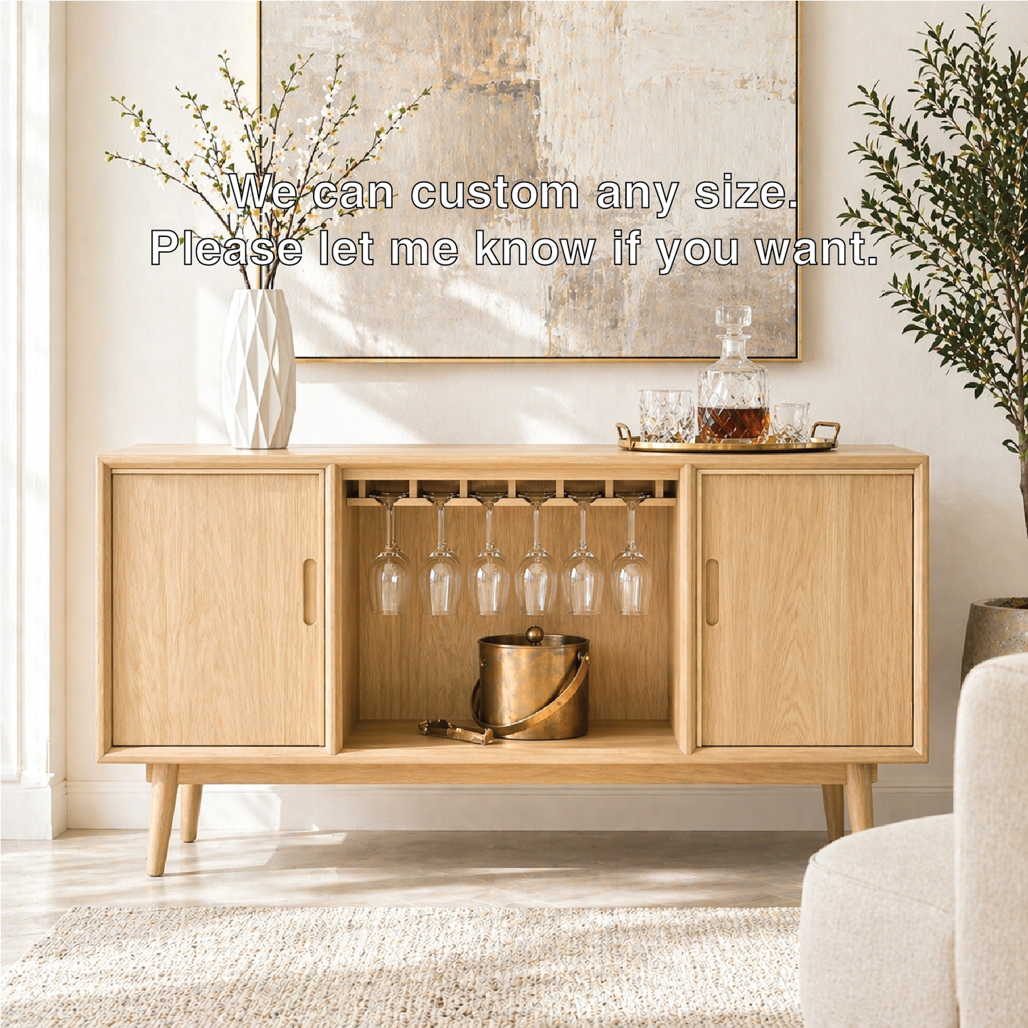 Mid Century Modern Bar Cabinet Liquor Storage Console With Glass Rack Doors
